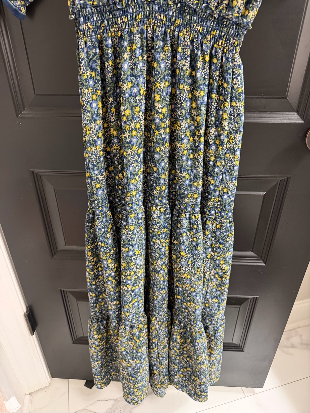 Max Studio Floral Smocked Midi Maxi Dress XS Blue Yellow Puff Sleeve - Picture 3 of 12